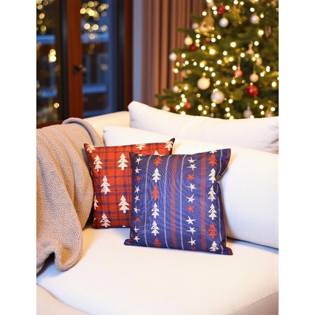 Tartan Christmas Tree Kissenbezug | 45x45 cm | Baumwolle/Leinen