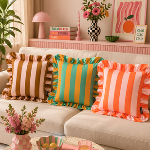 Ruffles Stripe Bruin/Roze Kussenhoes | 45x45 cm | Katoen/Polyester