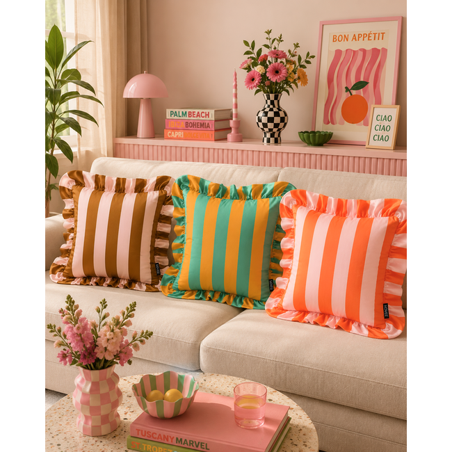 Ruffles Stripe Oranje/Roze Kussenhoes | 45x45 cm | Katoen/Polyester