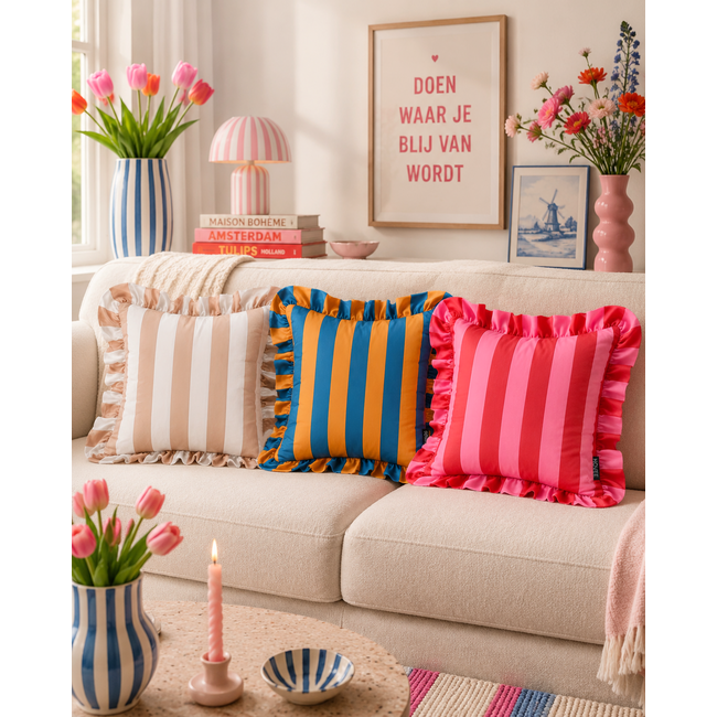 Sierkussen Ruffles Stripe Blauw/Oranje | 45x45 cm | Katoen/Polyester