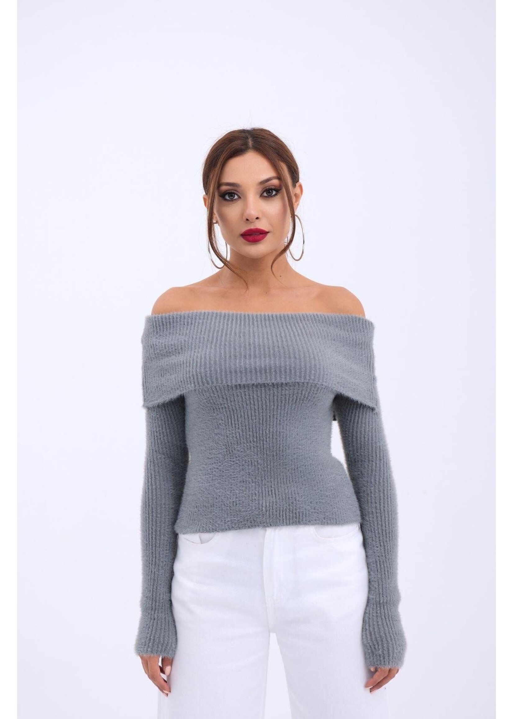 Pull En Tricot À Col Volanté - Anthracite
