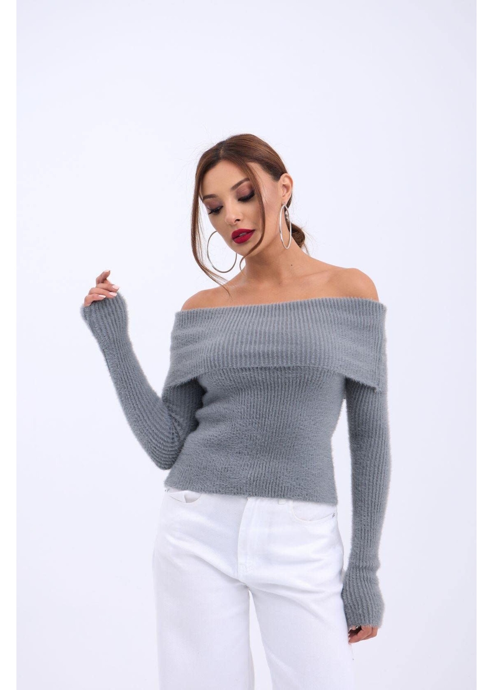 Pull En Tricot À Col Volanté - Anthracite