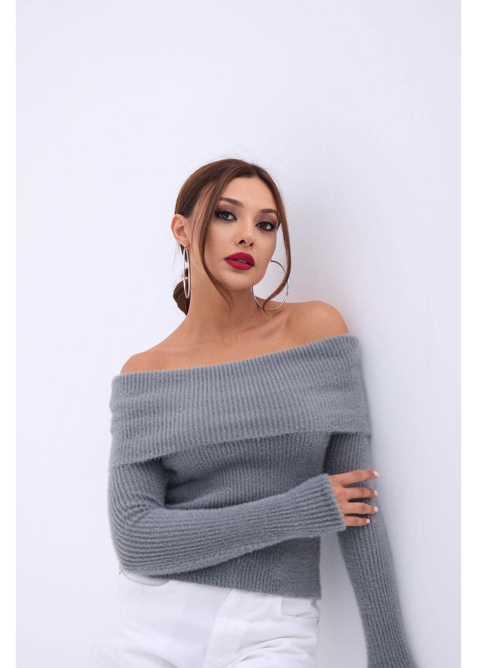 Pull En Tricot À Col Volanté - Anthracite
