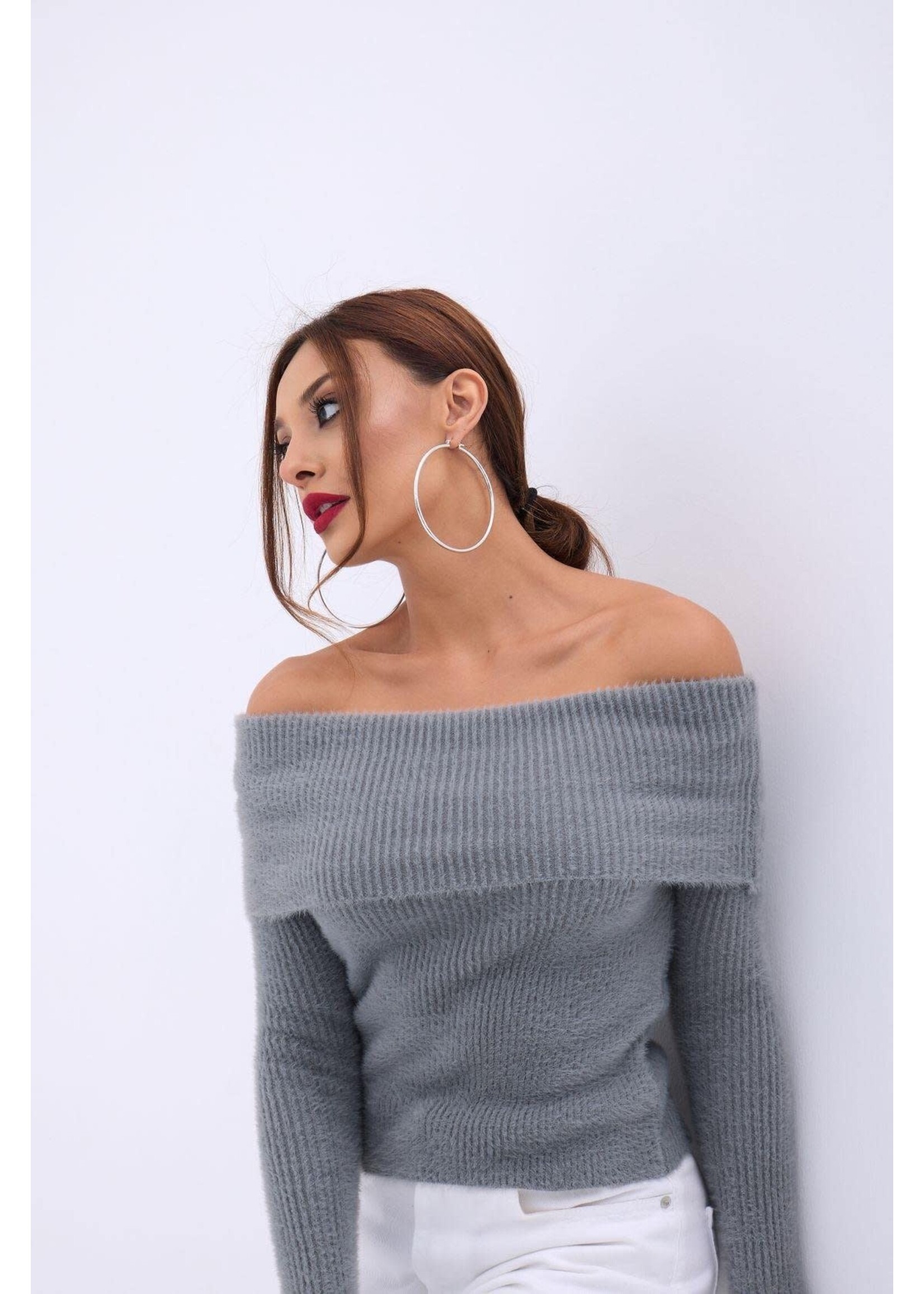 Pull En Tricot À Col Volanté - Anthracite