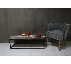 Salontafeltje oud donker eikenhout met ijzeren onderstel 112 cm Salontafeltje oud donker eikenhout met ijzeren onderstel 112 cm