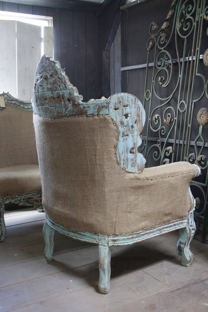 Fauteuil Ralph Lauren stijl stof met houtsnijwerk Fauteuil Ralph Lauren stijl stof met houtsnijwerk