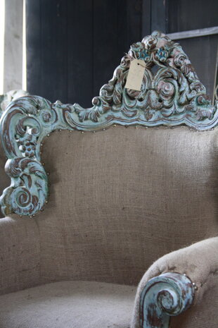 Fauteuil Ralph Lauren stijl stof met houtsnijwerk Fauteuil Ralph Lauren stijl stof met houtsnijwerk