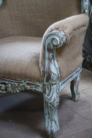 Fauteuil Ralph Lauren stijl stof met houtsnijwerk Fauteuil Ralph Lauren stijl stof met houtsnijwerk