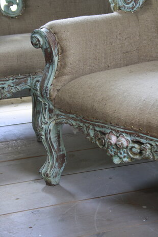 Fauteuil Ralph Lauren stijl stof met houtsnijwerk Fauteuil Ralph Lauren stijl stof met houtsnijwerk