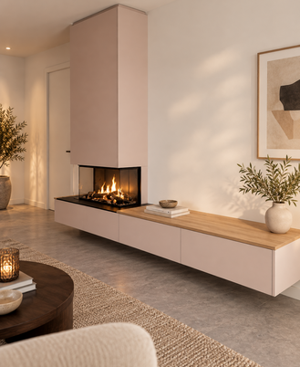 TV meubel met sfeerhaard met stalen plateau