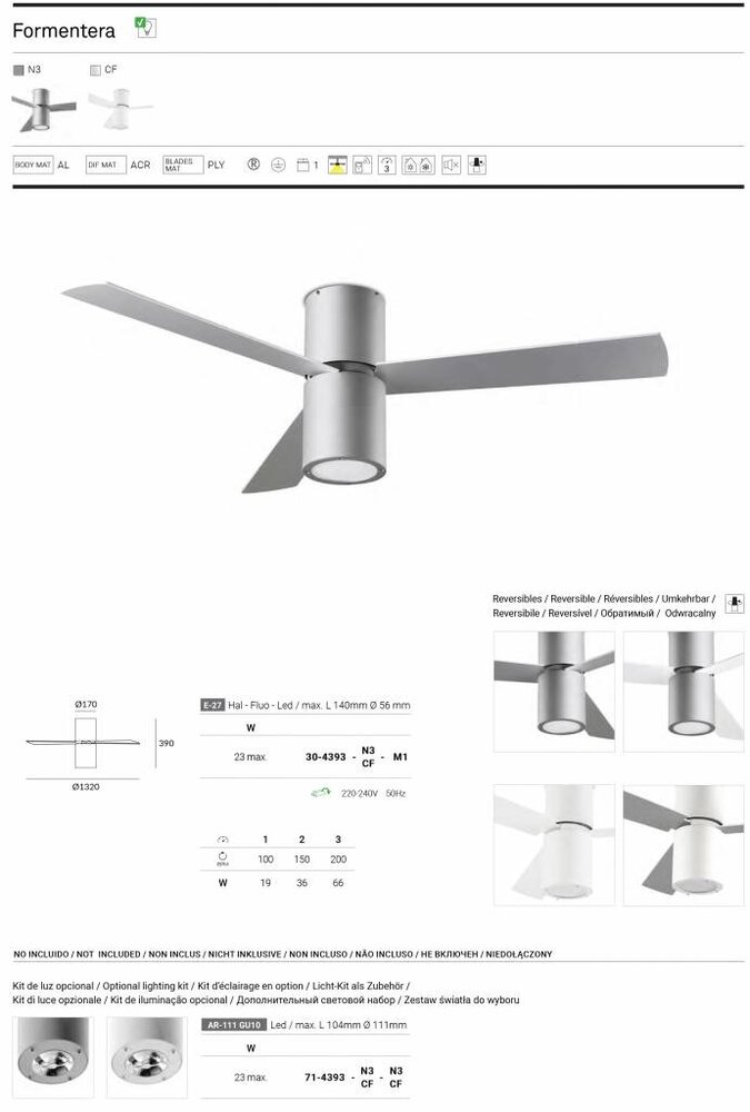 Leds-C4 Formentera plafond ventilator alu grijs met afstandsbediening en verlichting