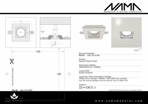 NAMA Fos01 trimless gips inbouwspot vierkant voor Ø50mm led