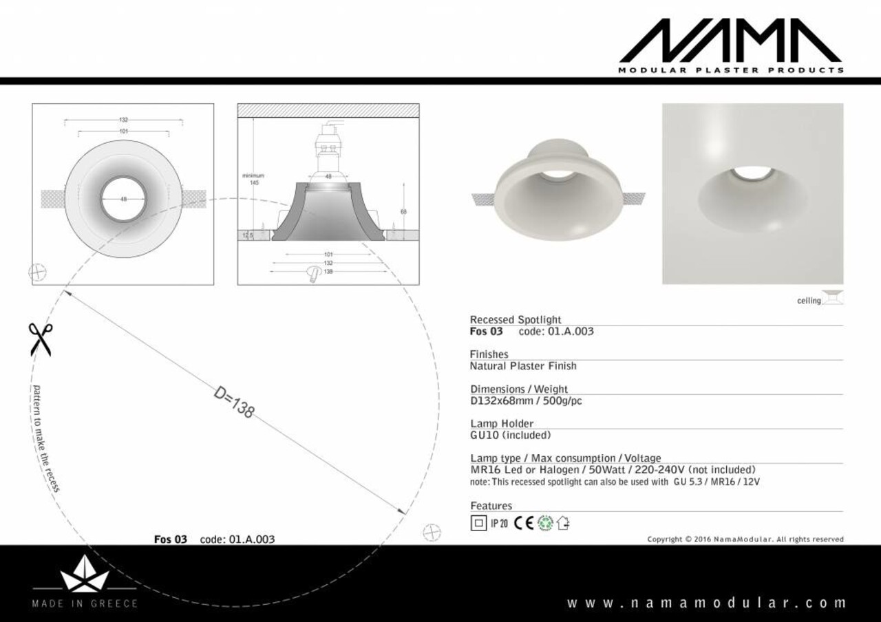 NAMA Fos 03 trimless gips inbouwspot verdiept rond voor Ø50mm led