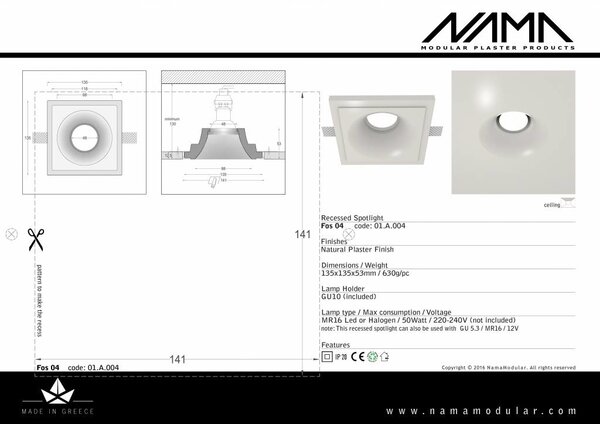 NAMA Fos 04 trimless gips inbouwspot verdiept vierkant voor Ø50mm led