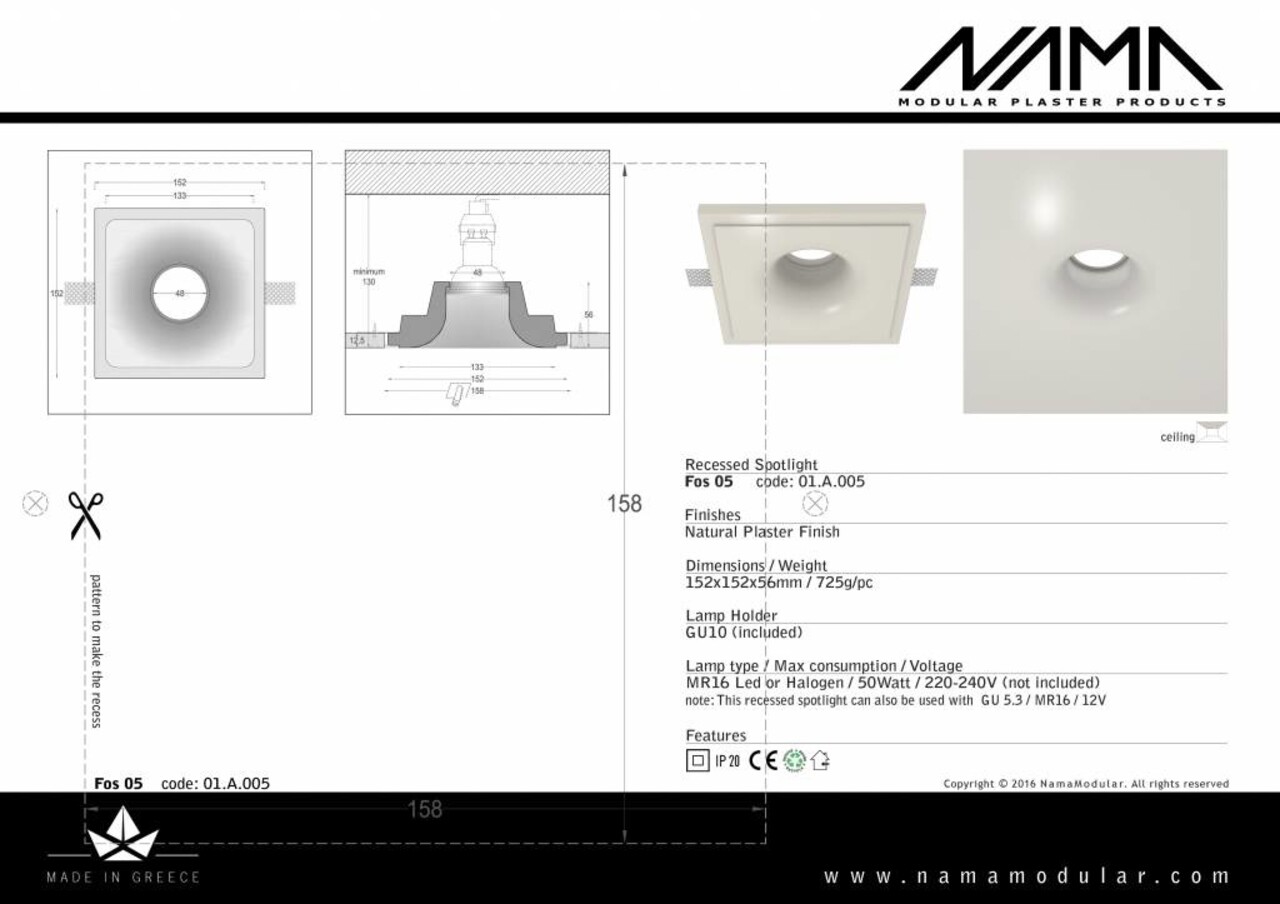NAMA Fos 05 trimless gips inbouwspot verdiept vierkant voor Ø50mm led