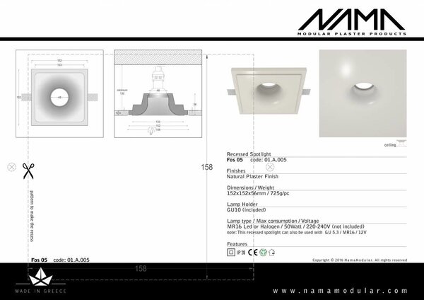 NAMA Fos 05 trimless gips inbouwspot verdiept vierkant voor Ø50mm led