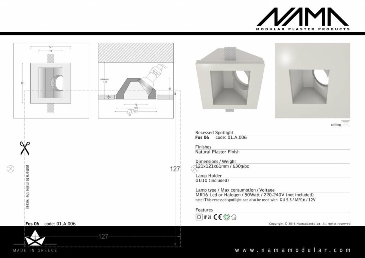 NAMA Fos 06 trimless gips inbouwspot vierkant-schuin voor Ø50mm led