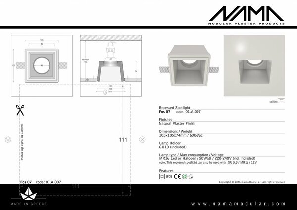 NAMA Fos 07 trimless gips inbouwspot verdiept vierkant voor Ø50mm led