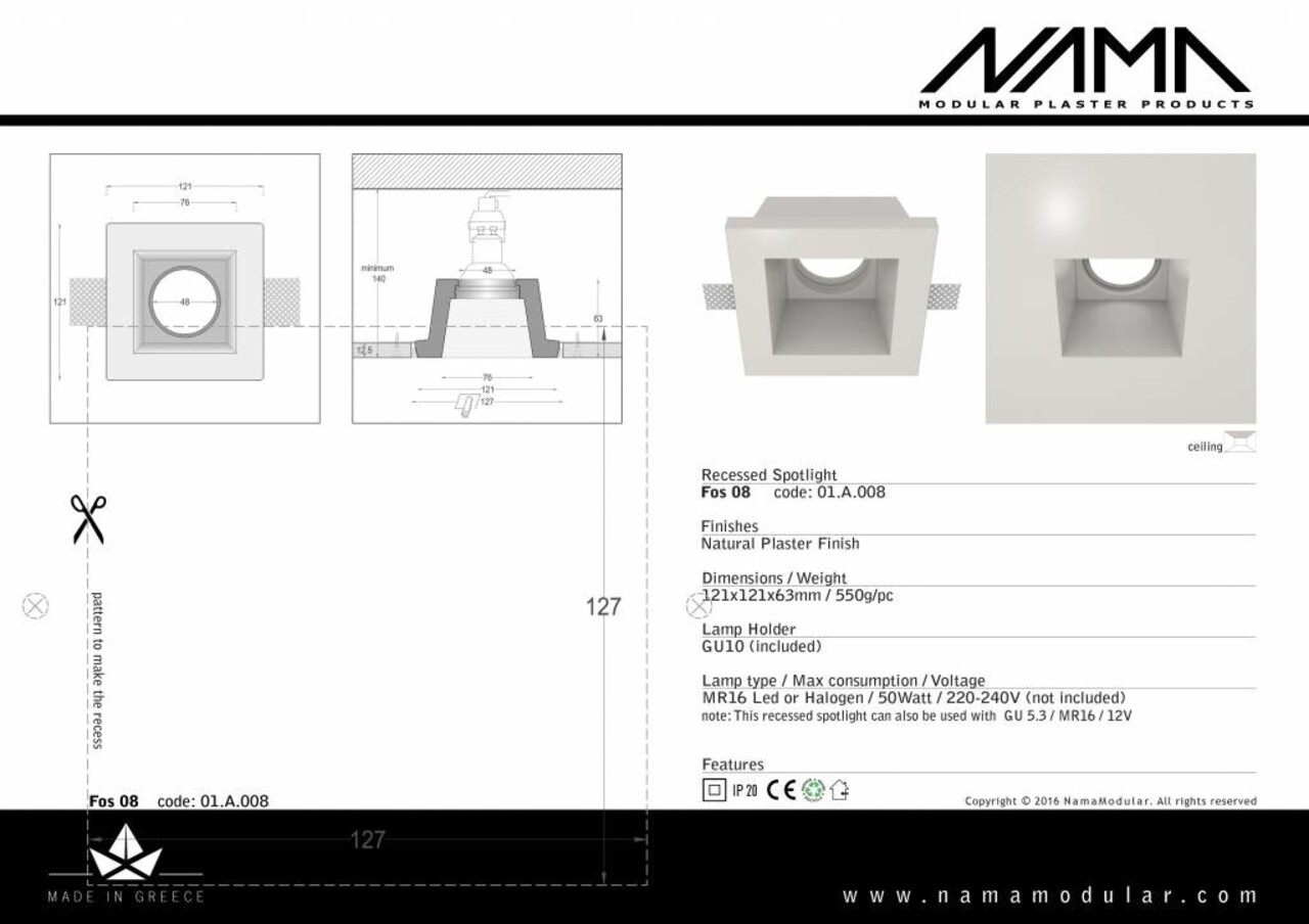 NAMA Fos 08 trimless gips inbouwspot verdiept vierkant voor Ø50mm led