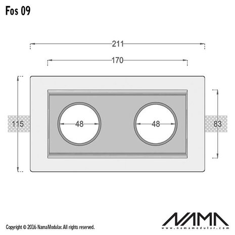 NAMA Fos 09 trimless gips 2-voudige inbouwspot verdiept vierkant voor Ø50mm led