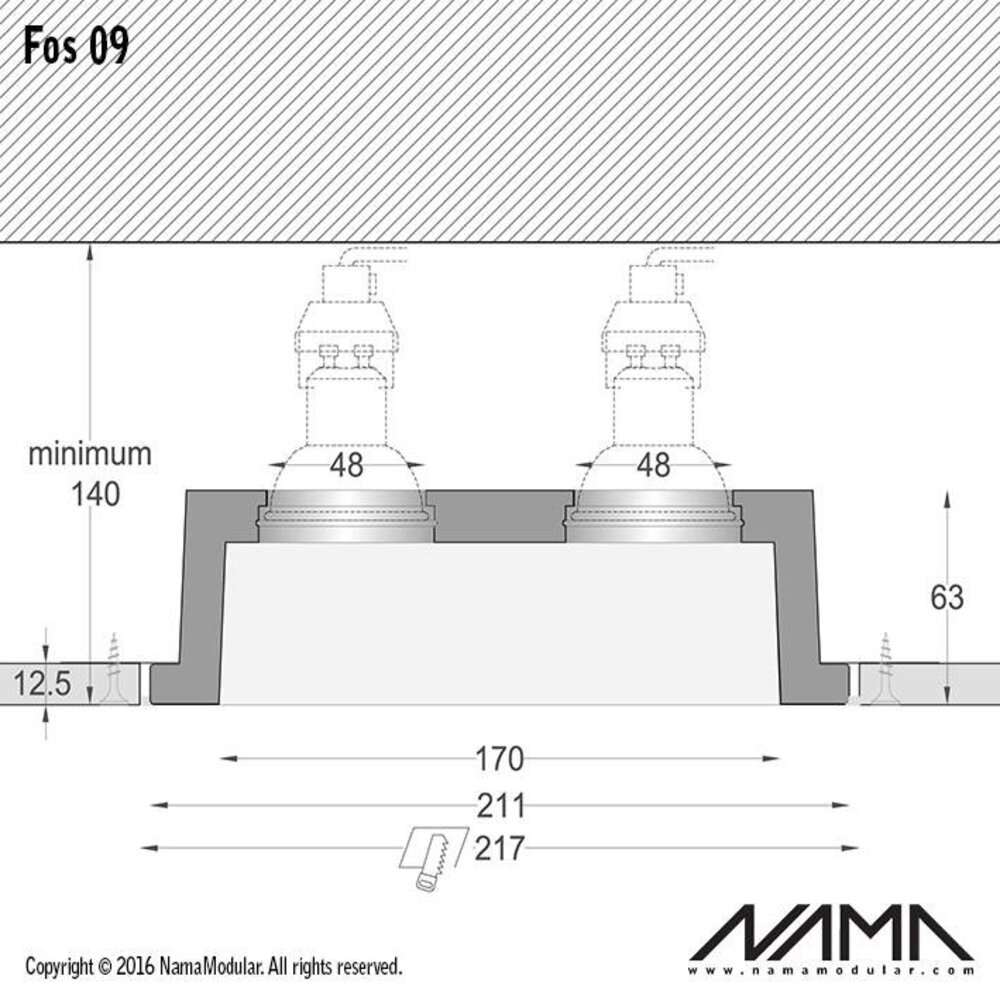 NAMA Fos 09 trimless gips 2-voudige inbouwspot verdiept vierkant voor Ø50mm led