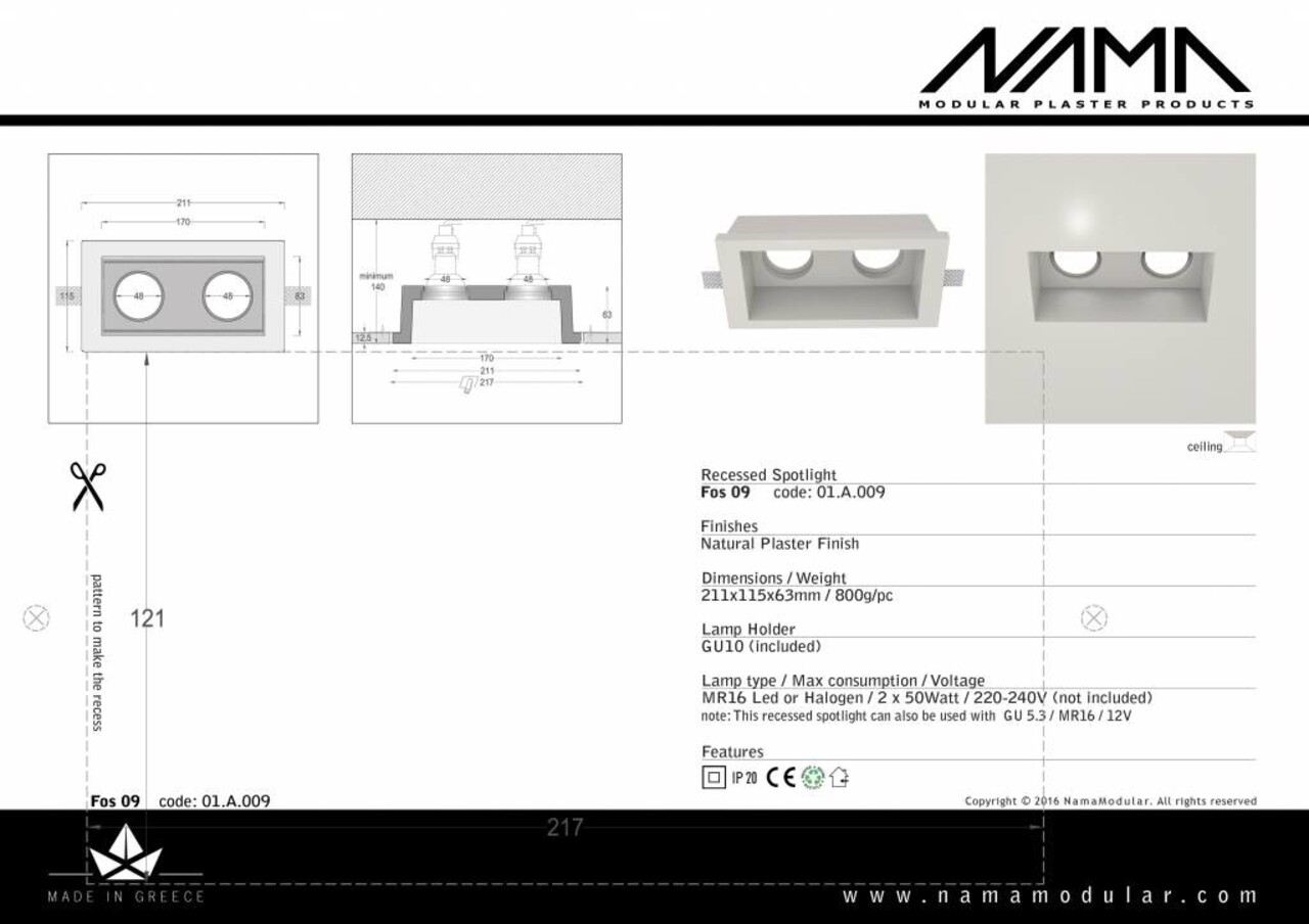 NAMA Fos 09 trimless gips 2-voudige inbouwspot verdiept vierkant voor Ø50mm led