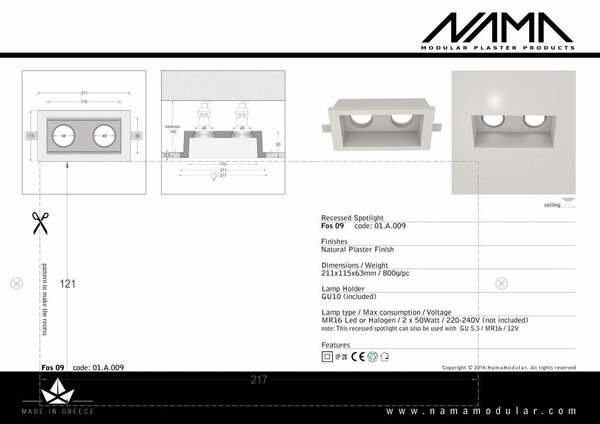NAMA Fos 09 trimless gips 2-voudige inbouwspot verdiept vierkant voor Ø50mm led