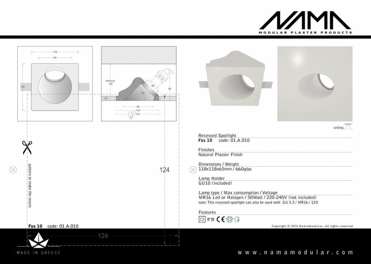 NAMA Fos 10 trimless gips inbouwspot rond-schuin voor Ø50mm led