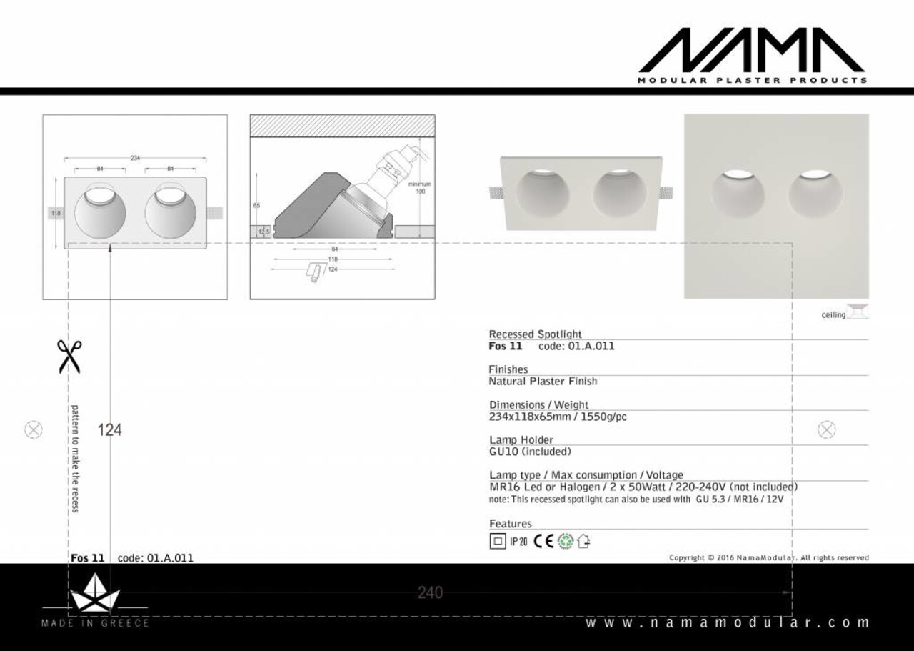 NAMA Fos 11 trimless gips 2-voudige inbouwspot rond-schuin voor Ø50mm led