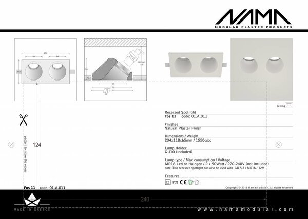 NAMA Fos 11 trimless gips 2-voudige inbouwspot rond-schuin voor Ø50mm led