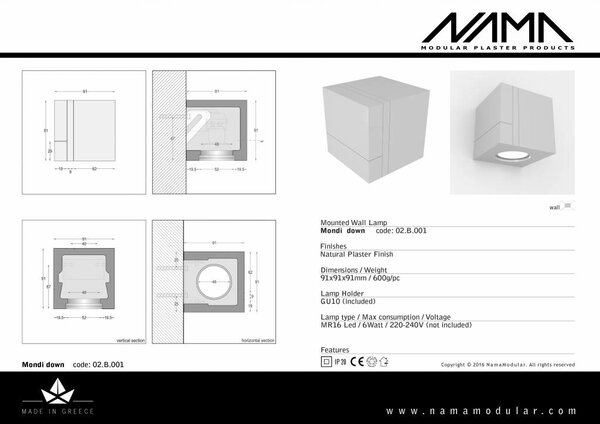 NAMA Mondi Down gips led wandlamp 230V-GU10