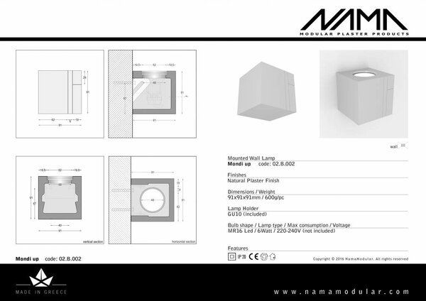 NAMA Mondi UP gips led wandlamp 230V-GU10