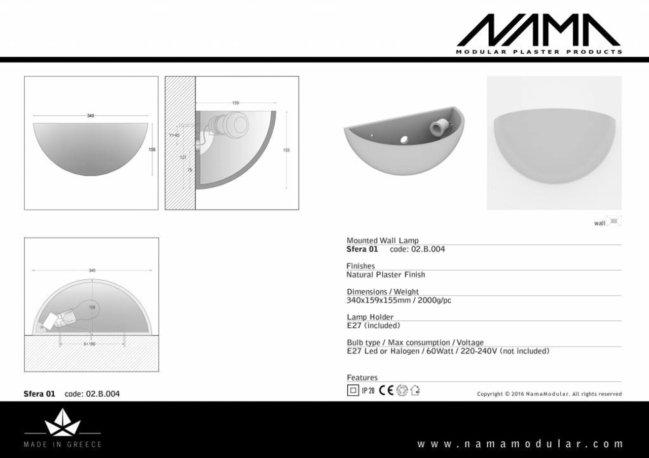 NAMA Sfera 01 Up gips led wandlamp 230V-E-27