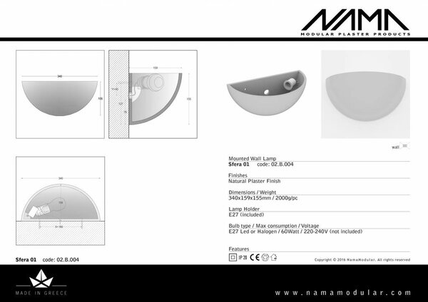 NAMA Sfera 01 Up gips led wandlamp 230V-E-27