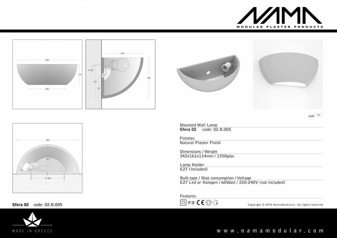 NAMA Sfera 02 Up-down gips led wandlamp 230V-E-27