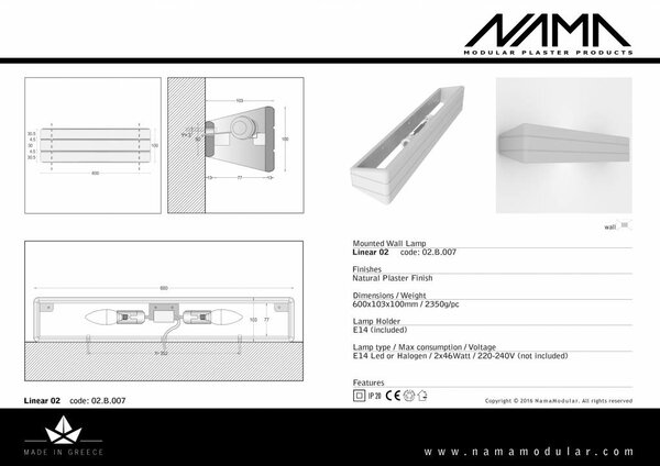NAMA Linear 02 Up-down gips led wandlamp 230V 2xE-14