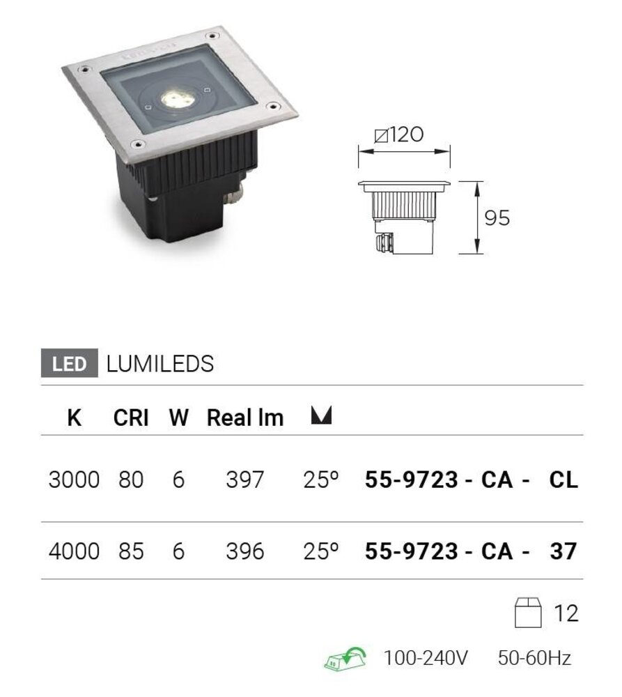 Leds-C4 Gea Power Led Uplight vierkante grondspot 6Watt richtbaar RVS