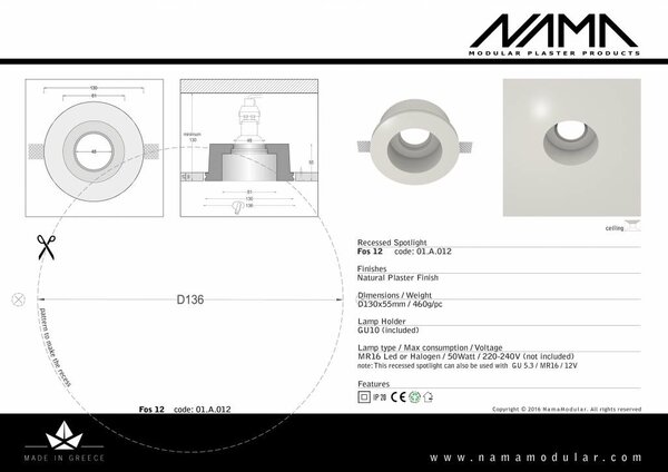NAMA Fos12 trimless gips inbouwspot verdiept rond voor Ø50mm led