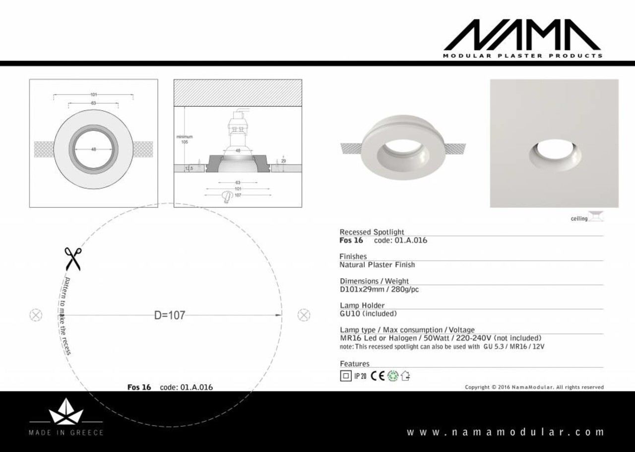 NAMA Fos 16 trimless gips inbouwspot rond voor Ø50mm led NAMA Fos 16 trimless gips inbouwspot rond voor Ø50mm led