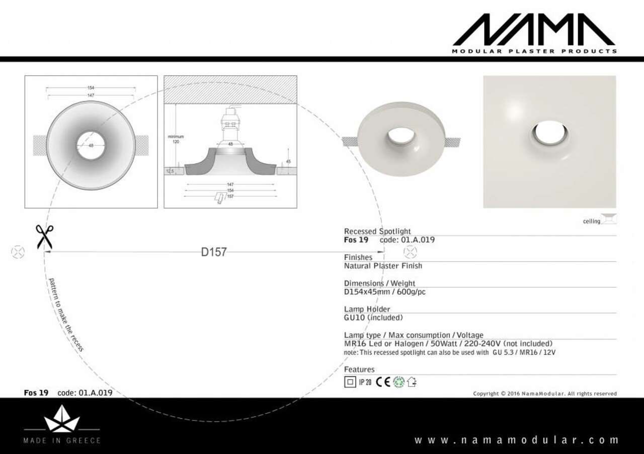 NAMA Fos 19 trimless gips inbouwspot verdiept rond voor Ø50mm led