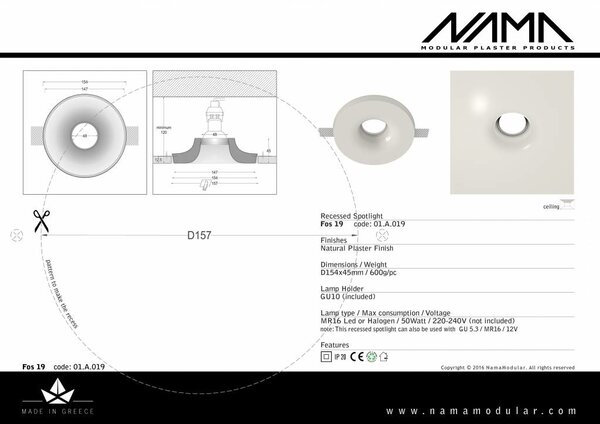 NAMA Fos 19 trimless gips inbouwspot verdiept rond voor Ø50mm led