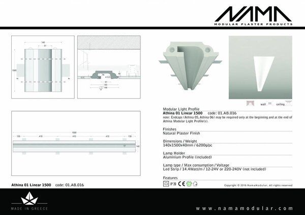 NAMA Athina 01 trimless koppelbaar inbouw Led profiel 150cm recht