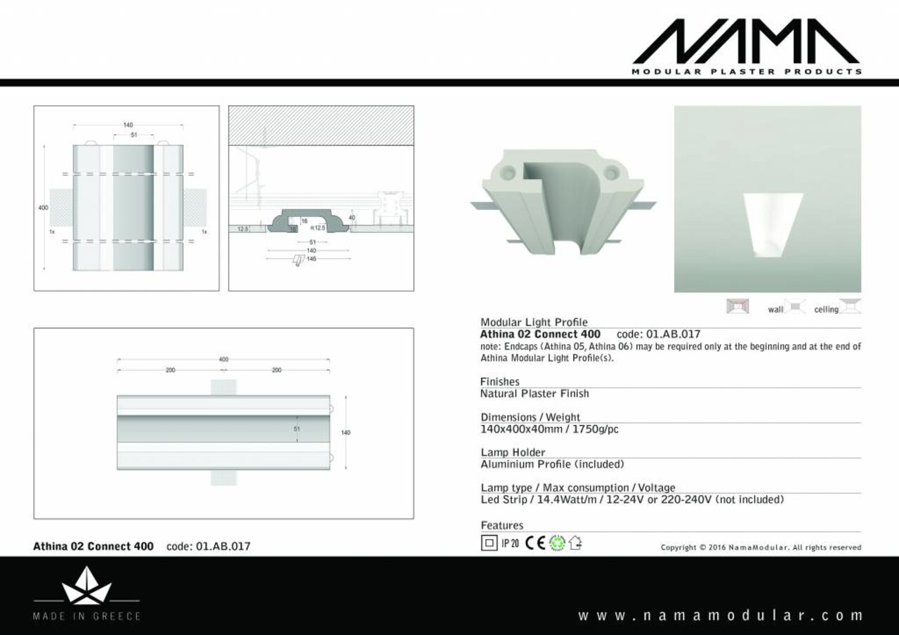 NAMA Athina 02 modulair trimless koppelbaar inbouw Led profiel 40cm recht