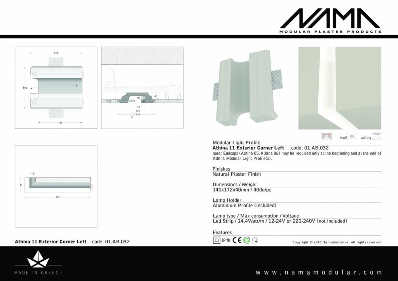 NAMA Athina 11 modulair trimless buitenliggend hoekstuk wand-plafond ledstrip links