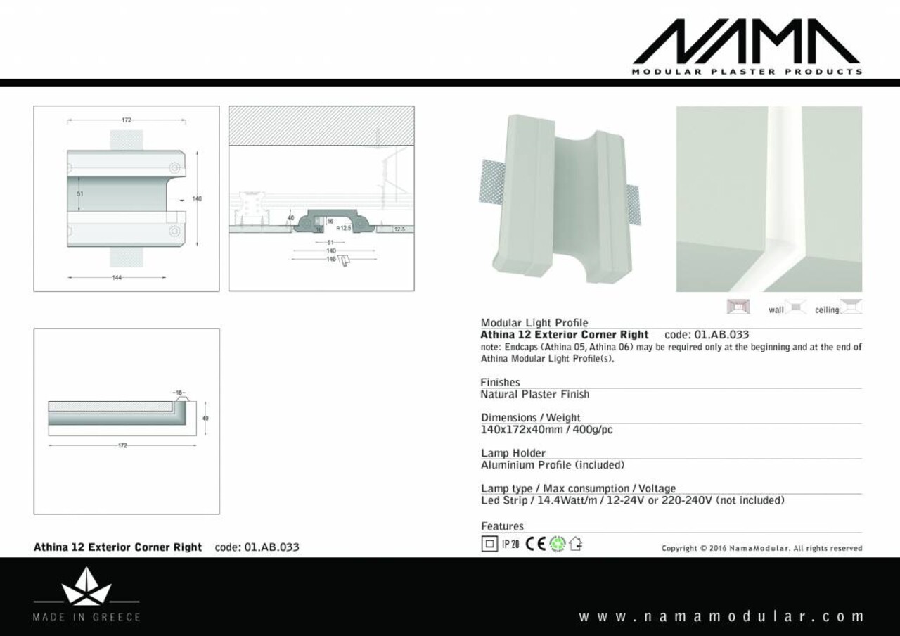 NAMA Athina 12 modulair trimless buitenliggend hoekstuk wand-plafond ledstrip rechts