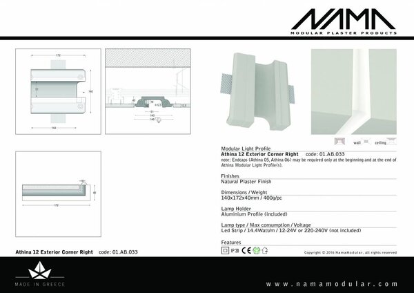 NAMA Athina 12 modulair trimless buitenliggend hoekstuk wand-plafond ledstrip rechts