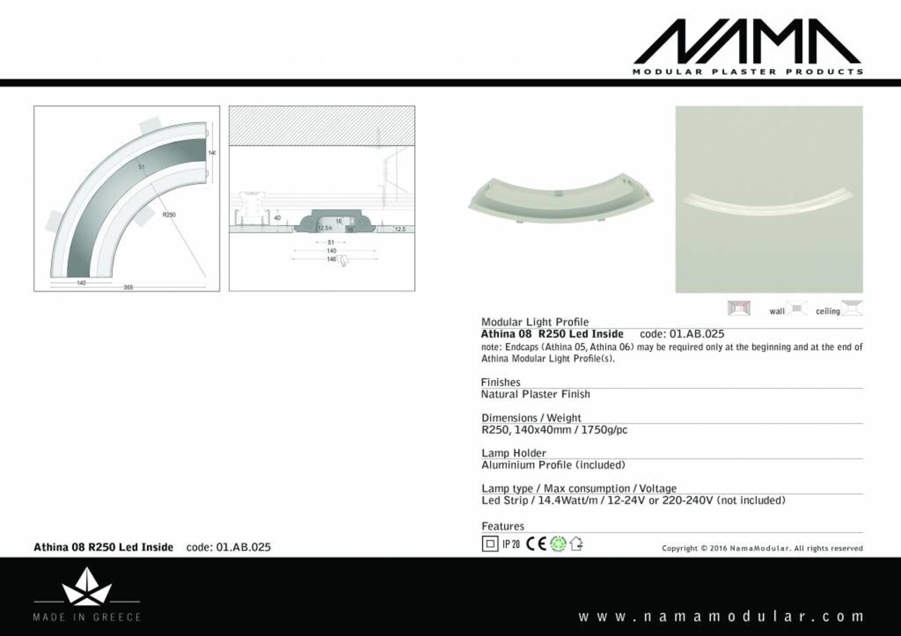 NAMA Athina 08-IN trimless bocht R250, leds aan binnenzijde