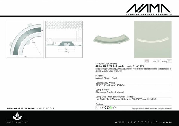NAMA Athina 08-IN trimless bocht R250, leds aan binnenzijde