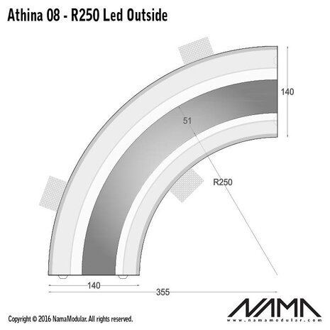 NAMA Athina 08-OUT trimless bocht R250, leds aan buitenzijde