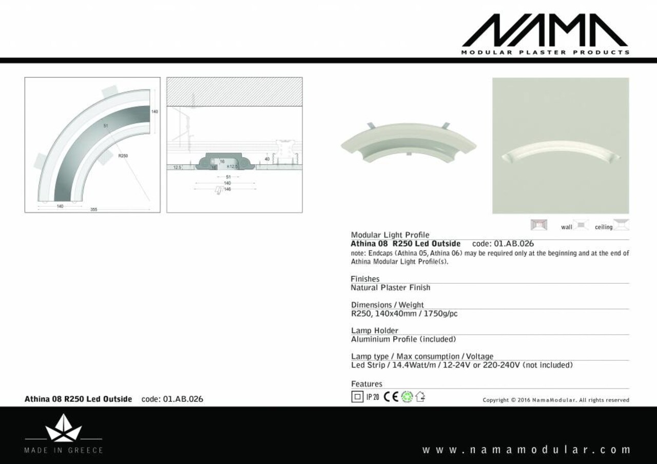 NAMA Athina 08-OUT trimless bocht R250, leds aan buitenzijde